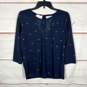 Grace & Mila Polka Dot Top Womens Medium Navy Blue Knit Button Back 3/4 Sleeve